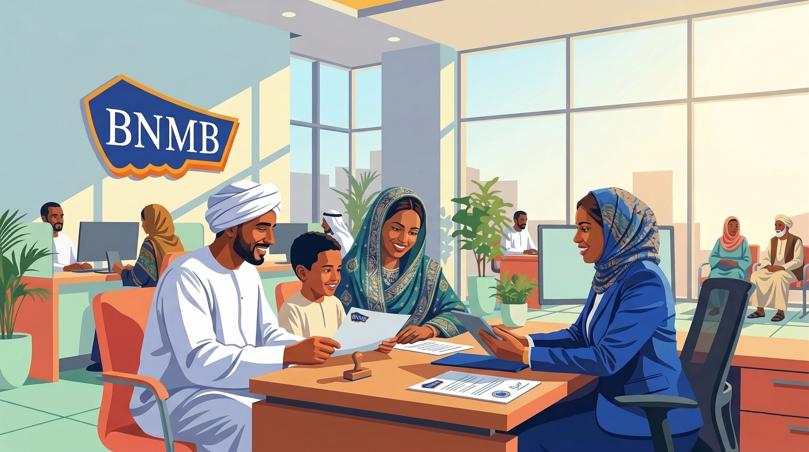 A family being warmly served at a BNMB branch